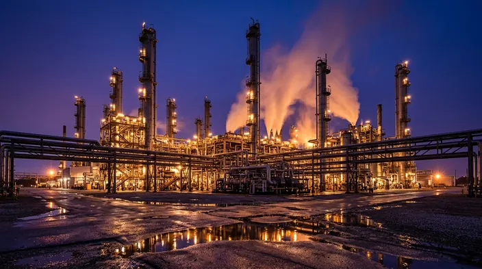 Chemical plant pipework and columns at night