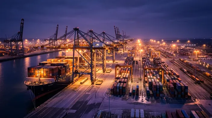 Container cranes over a terminal at night