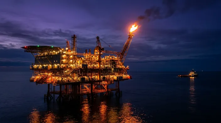 Offshore platform lit at night