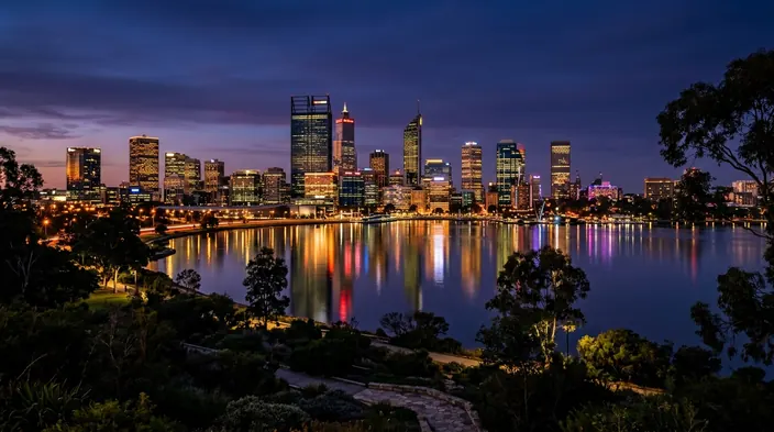 Perth city skyline across the Swan River at dusk